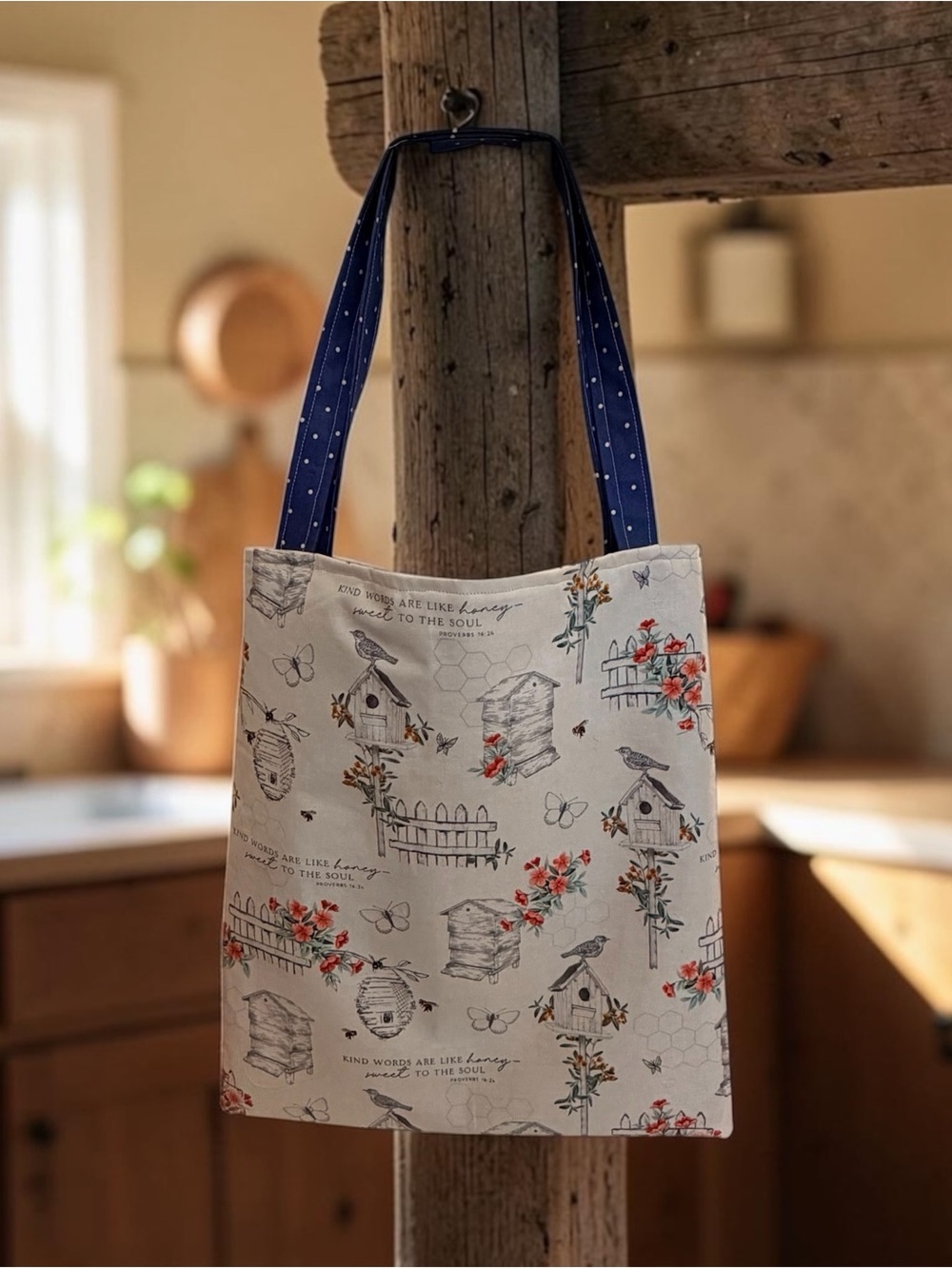 Handmade Floral Birdhouse & Beehive Canvas Tote Bag with Navy Strap